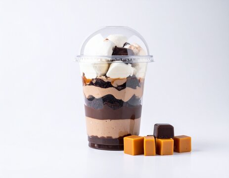 &uuml; A plastic cup with a transparent lid, filled to the top with a brownie and cream dessert on a white background. Caramel cubes and chokolate are placed on the side of the glass. This is a product pho