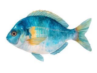 A blue fish with yellow stripes on its body