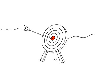 continuous line drawing of target with arrow hit the target. achievement and business concept. flat vector linear illustration isolated on white background