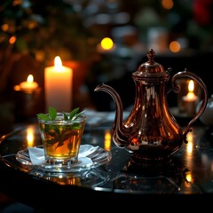 A polished copper teapot and a glass of Moroccan mint tea with floating mint leaves, set on a dark, glossy table, illuminated by the soft glow of candlelight in a dimly lit Moroccan cafe.