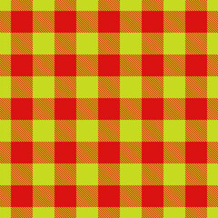 Full plaid textile background, funky seamless check pattern. Ethnicity texture tartan vector fabric in lime and red colors.