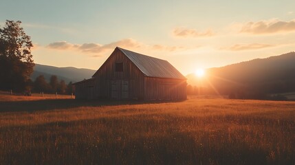 Rustic wooden barn at sunset bathed in golden light.