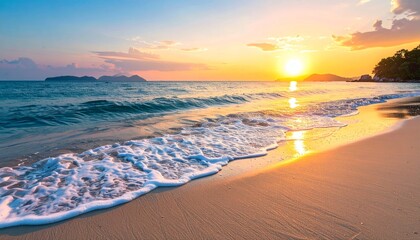 Fototapeta premium Stunning Sunset over Tropical Beach Golden Hour Ocean Waves