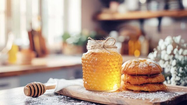 Golden honey streaming down wooden dipper, landing on crisp cookies atop rustic cutting board in sunlit kitchen workspace