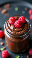 Delicious chocolate mousse dessert on a plate with raspberries on top. Keto friendly treat.