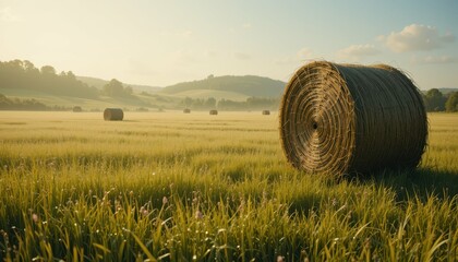 Rolling Hay Bales Under a Golden Sunrise in Serene Rural Landscape