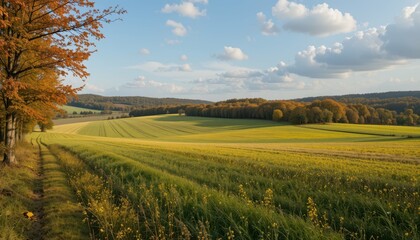 Obraz premium Majestic Autumn Landscape with Green Fields and Colorful Trees