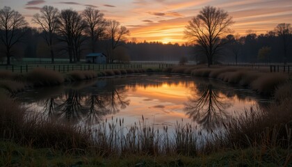 Obraz premium Serene Sunset Over Calm Pond Surrounded by Trees and Grasslands