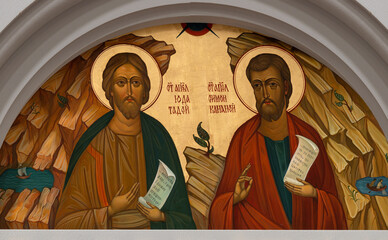 FLORENCE, ITALY - MARCH 18, 2025: The icon of St. Jude and St. Sinom the Apostles in the church Chiesa dei Santi Simone e Giuda by unknown artist. 