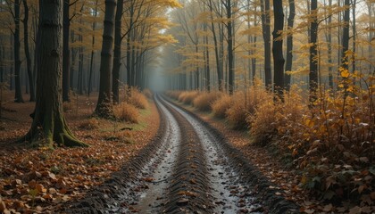 Obraz premium Serene Autumn Pathway Through Golden Forest with Tranquil Atmosphere