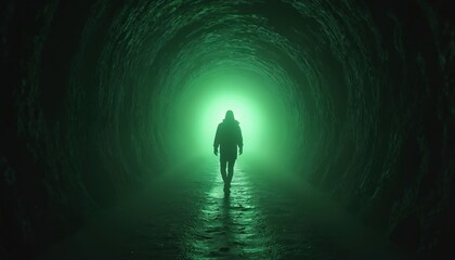 Silhouette of person walking through eerie green tunnel. Illuminated by otherworldly light, creating mysterious, horror ambiance. Dramatic, suspenseful scene of adventure, exploration into unknown.