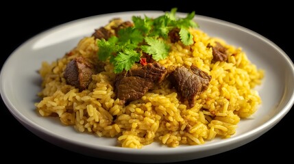 Beef and Yellow Rice with Fresh Cilantro
, A plate of savory beef mixed with yellow rice, garnished with fresh cilantro for a flavorful and aromatic meal.

