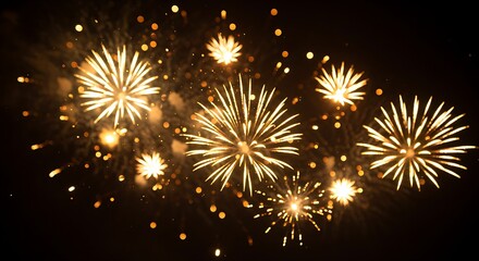 Bright and dazzling golden fireworks in various shapes and sizes illuminate the dark night sky, creating a festive and celebratory visual spectacle