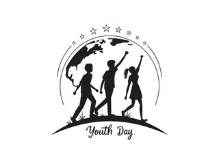 Happy children playing outdoors Youth Day, holliday under a whimsical rainbow. Silhouette illustration of three young people celebrating International Youth Day. A powerful graphic design celebrating 