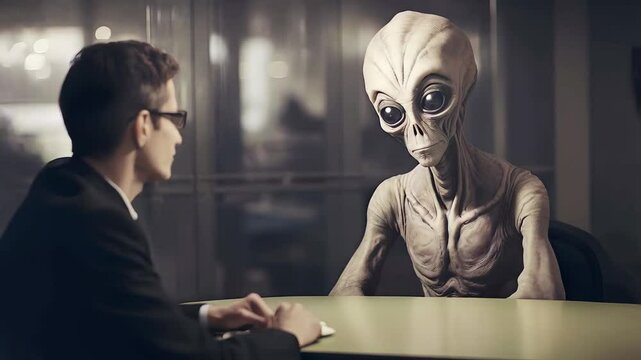Suited professional conducting interview with extraterrestrial humanoid across conference table, engaging in serious dialogue about potential interstellar collaboration