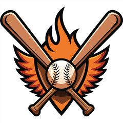 Fiery Baseball Bats Crossed with Ball and Wings Emblem