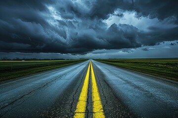 Stormy Road: A dark sky looms over a long wet road with yellow center lines