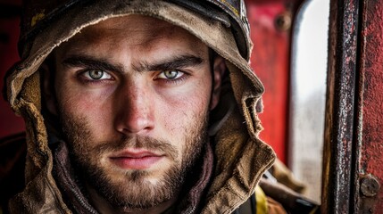 Fototapeta premium Intense portrait of a young firefighter inside a fire truck during an emergency response