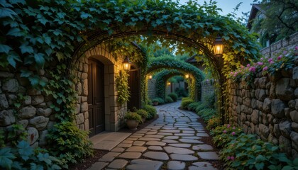 Serene Pathway Through Garden Archways at Dusk with Lanterns