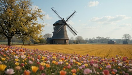 Beautiful Windmill Surrounded by Colorful Flower Field in Spring