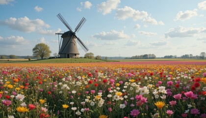 Colorful Flower Field with Windmill Under Blue Sky and Clouds