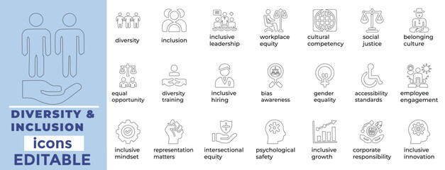 Inclusive icons for workplace, HR, and social projects clean line style promoting diversity, equity, and accessibility