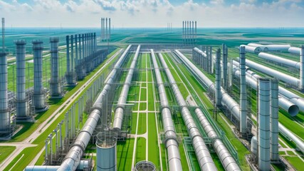 Extensive pipeline system crossing green agricultural fields under blue sky, symbolizing industrialization of rural landscape