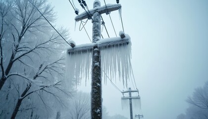 Power pole covered in ice after winter storm. Electrical wires, tree branches encased in ice. Icy conditions, cold weather impact on power infrastructure. Winter landscape with frozen nature,