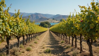 Fototapeta premium Serene Vineyard Landscape with Clear Sky and Mountain Background