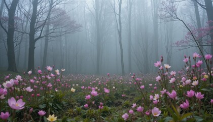 Obraz premium Serene Misty Forest with Delicate Pink Flowers Blooming Nearby