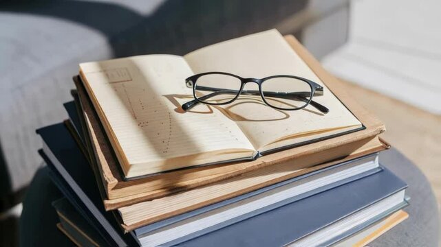 A collection of books and scientific journals stacked on a side table with a pair of glasses and a microdosing journal prominently featured highlighting research and study