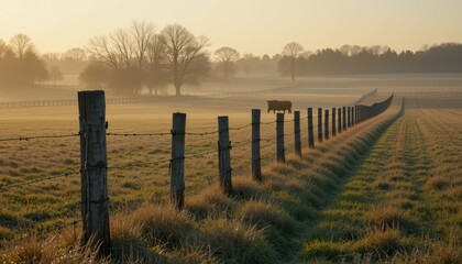 Obraz premium Serene Morning Landscape with Cow Near Fence and Misty Pasture