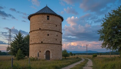 Scenic Stone Round Tower Surrounded by Landscape and Clouds at Sunset