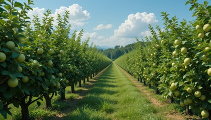 Fototapeta premium Lush Apple Orchard with Rows of Green Trees Under Clear Blue Sky