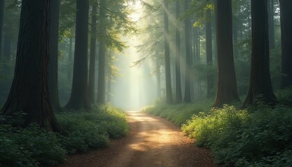 Obraz premium Path through forest bathed sunlight. Tall trees with mist, light rays, trail leading forward. Nature background for travel, vacation, peaceful scene, outdoor recreation.