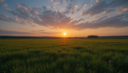 Fototapeta premium Serene Sunset Over Lush Green Rice Fields Under Expansive Sky