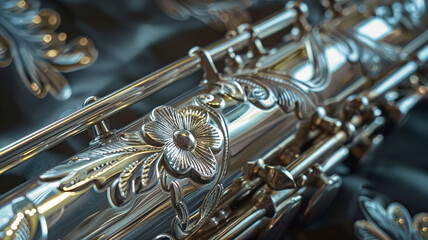 A close-up shot highlighting the intricate floral engravings and polished silver keys of a saxophone.