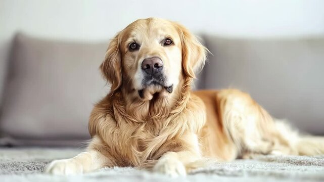 Golden retriever lounging comfortably on plush sofa, revealing nuanced emotional transitions through gentle facial expressions