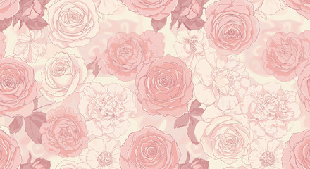 Floral pattern with pink roses on a soft cream background  