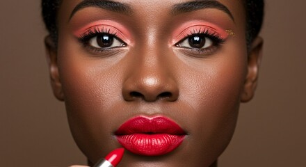 black woman wearing lipstick make-up cosmetics holding lipstick