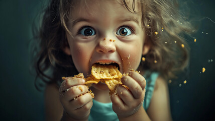 Naklejka premium A joyful child savoring a delicious chip with crumbs on their fingers and pure delight