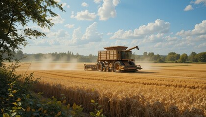 Fototapeta premium Vintage combine harvester working in golden wheat field at sunset