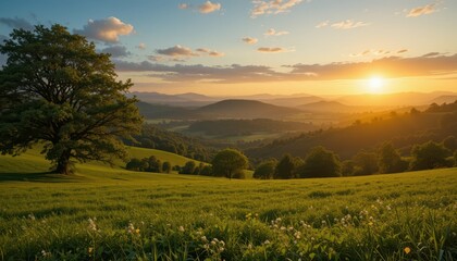 Obraz premium Serene Landscape at Sunset with Rolling Hills and Vibrant Sky