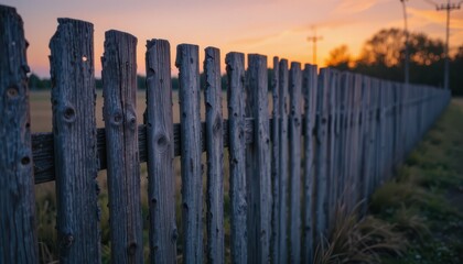 Rustic Wooden Fence at Sunset in a Peaceful Rural Landscape