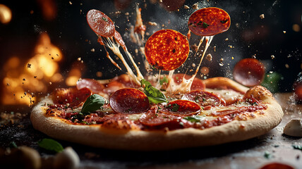 A dramatic action shot of Pepperoni pizza ingredients exploding with fresh herbs cheese and pepperoni slices frozen in mid-air as if in a moment of time