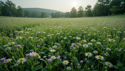Vibrant Meadow of Wildflowers Under Soft Morning Light