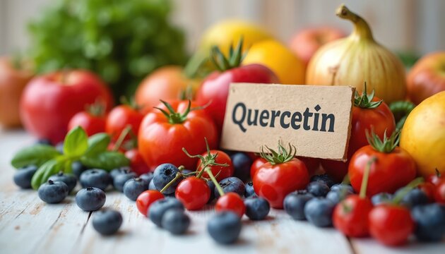 Still life fruits, vegetables rich quercetin. Tomatoes, blueberries, apples, onions. Healthy diet, vegetarian food concept, immunity boost. Organic nourishment ingredients for cooking.