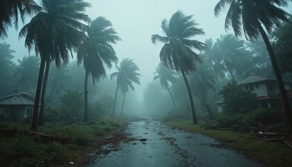 Scene showing powerful hurricane, strong winds through palm trees. Houses are in background. Asphalt road. Nature disaster, emergency situations. Dark sky, disaster, damage. Climate changes impact.