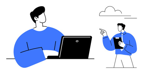 Two men involved in teamwork. One works on a laptop, while another consults, holding a clipboard and gesturing. Ideal for collaboration, leadership, mentoring, teamwork, productivity workplace