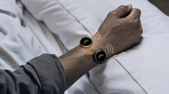 An image showcasing a patients wrist with vibrating stimulators applied to enhance sensory feedback focusing on the skins reaction with small electrical impulses illustrated as